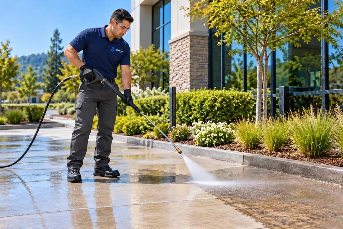 Clean Up Solutions technician pressure washing a walkway outside an office building
