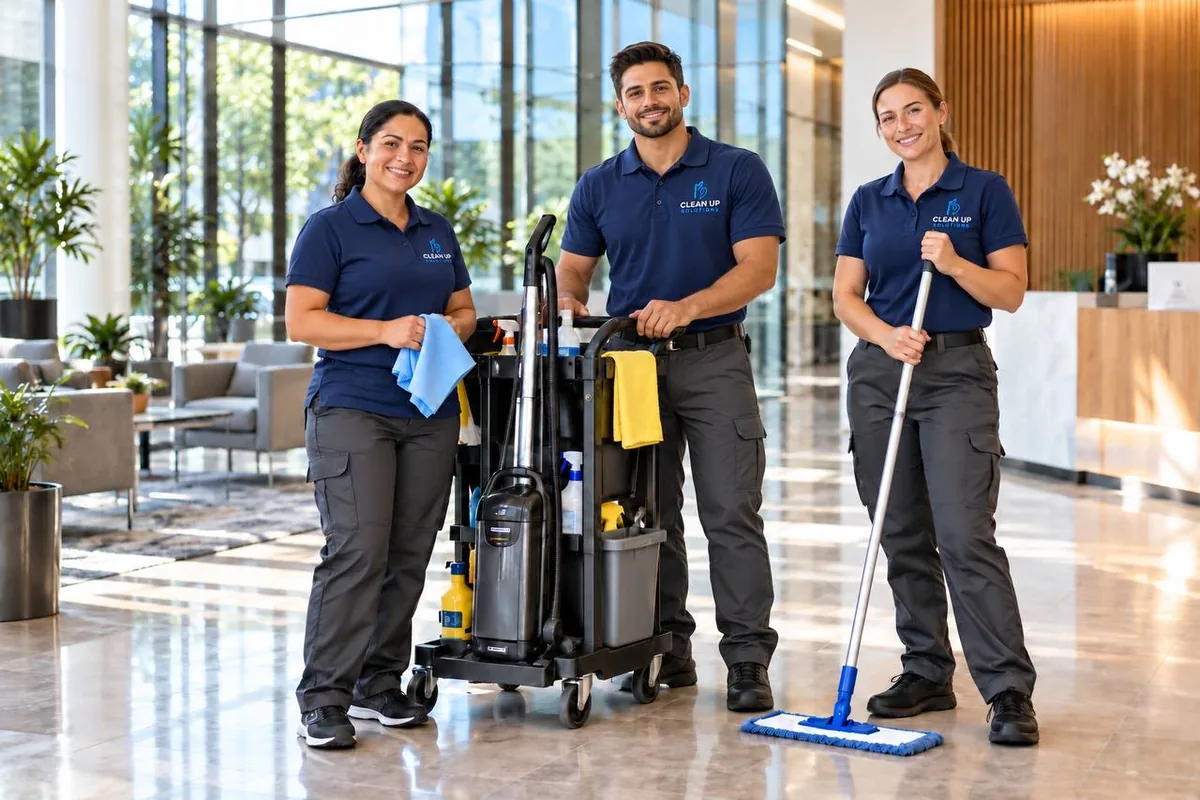 Clean Up Solutions crew with a cleaning cart in an office lobby